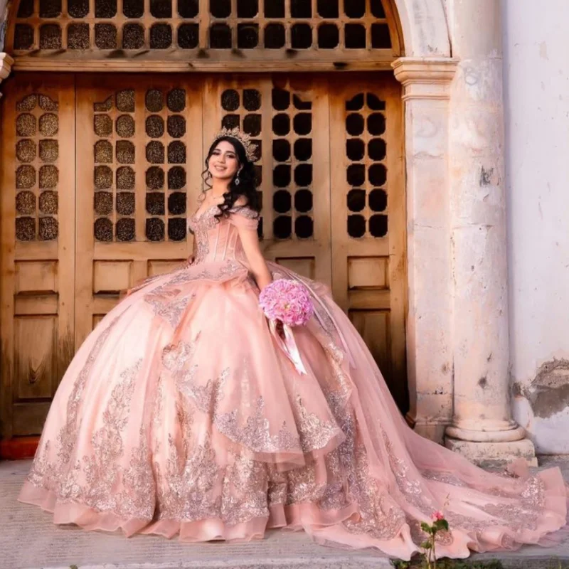

Shiny Pink Quinceanera Dress Lace layering crystal glitter decal 3D flower Long tail vestidos de 15 Quinceanera ﻿Customized