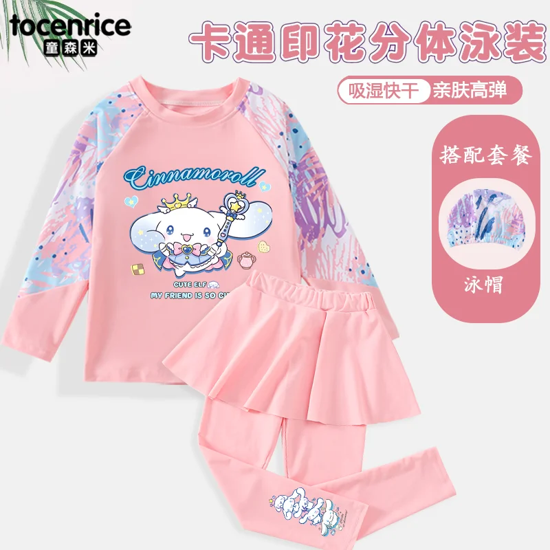 

Детский купальник Cinnamoroll Sanrio для девочек, длинные штаны с длинными рукавами и героями мультфильмов, быстросохнущие купальники, пляжная одежда с разрезом для отпуска