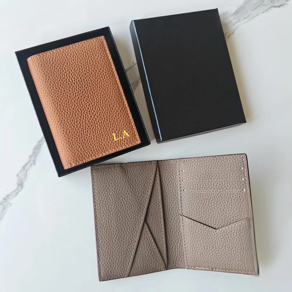 اسم مخصص فاخر الرجال Waalet جلد طبيعي تخصيص الأحرف الأولى حامل بطاقة المرأة الصغيرة مع صندوق هدية محفظة الأعمال الصغيرة