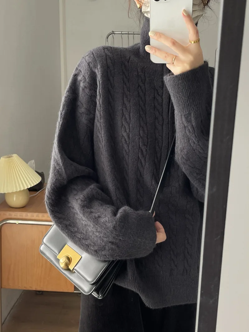 Korean Style Zipper Lapel Sweaters Women Autumn Winter Thick Vintage Pullovers Sweater Coat Twists Knitwears Tops Pull Femme