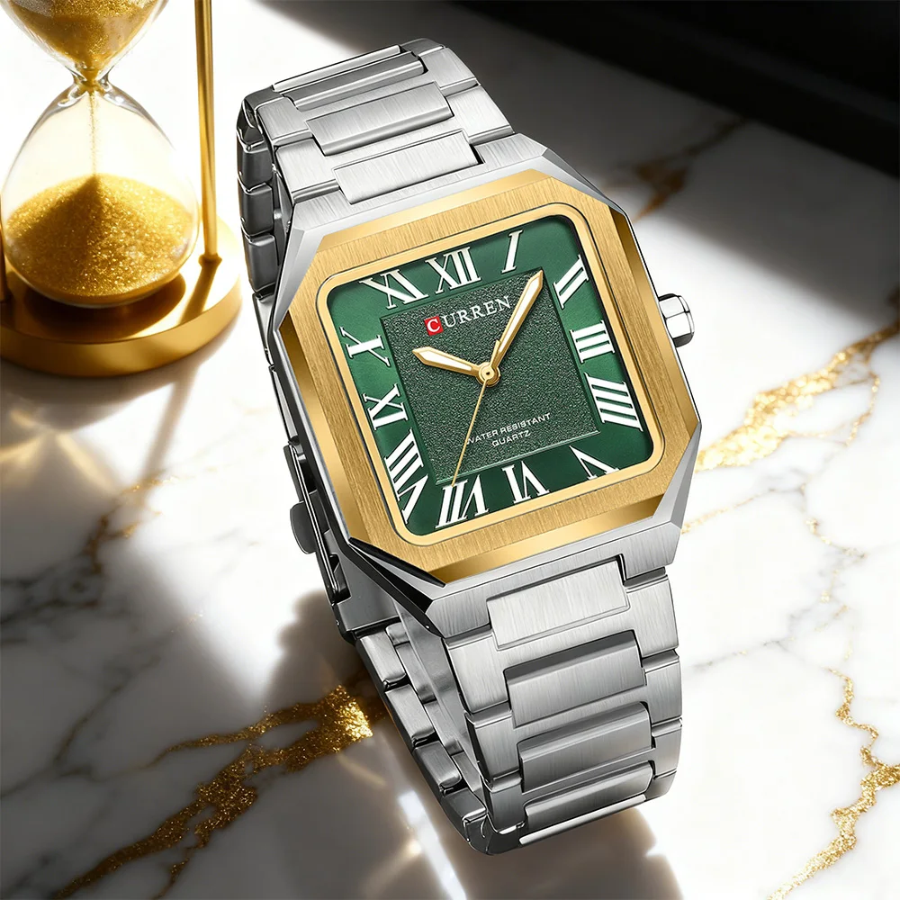 

CURREN Vintage Designer Square Watch with Roman Numerals Luminous Hands Stainless Steel Band Minimalist 37mm Dial Quartz Watches