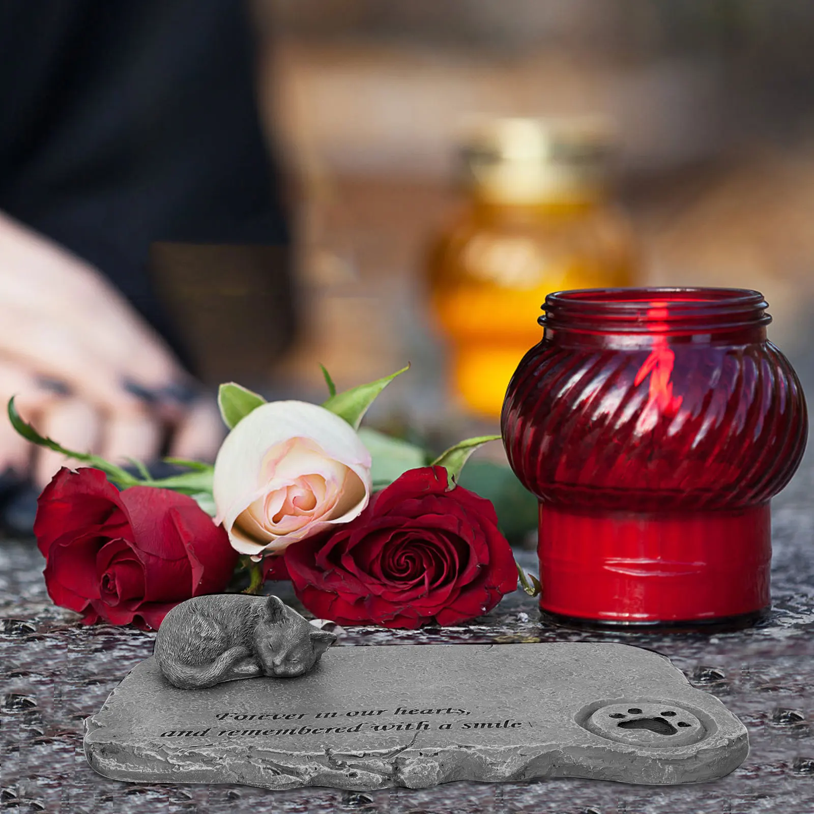 

Pet Memorial Tombstone Decorative Gravestone for Yard Light Grey Plaque Cat Stone Resin Craft Garden Porch Balcony Pet Loss