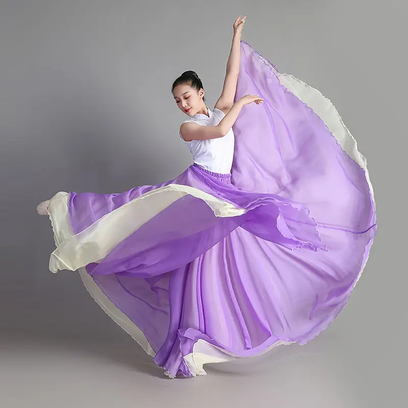 360-720 Degree Chiffon Skirt Ballet Belly Dance Women Two Layer Color Splicing Long Skirts Dancer Practice Wear Dance Skirt