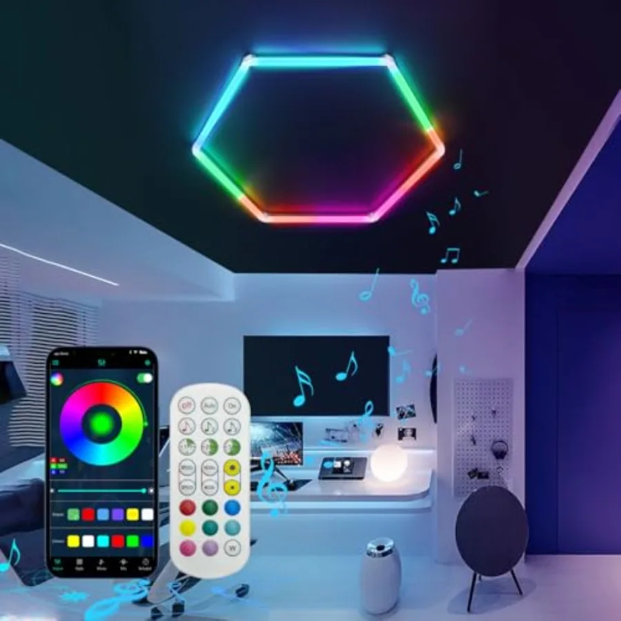 

RGB Hexagon Lights, 6 Pack Aluminum LED Garage Ceiling Light with App and Remote Control, 356 Colors Mode/Music Sync, Modular D