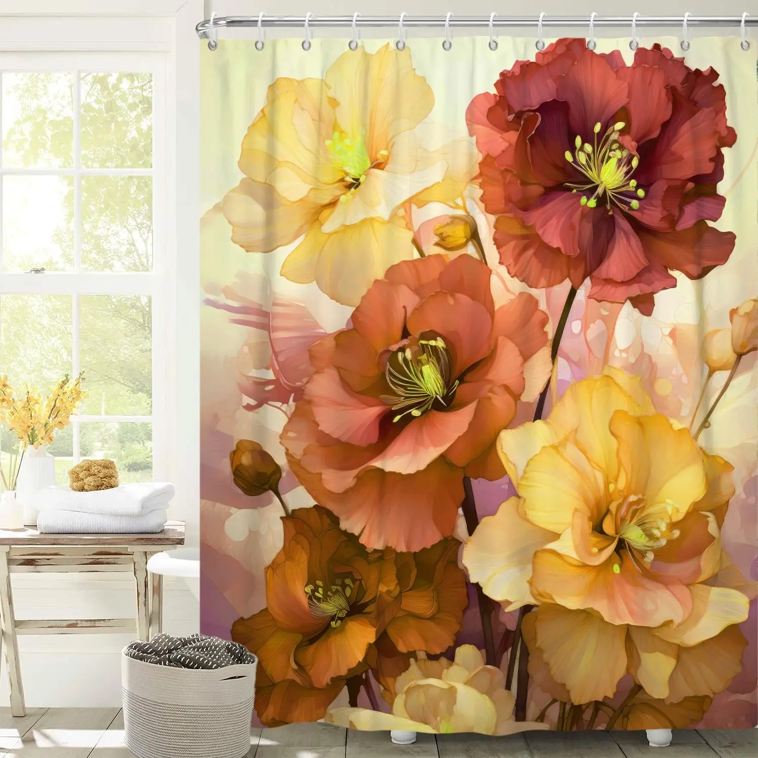 

Red Yellow Shower Curtain for Bathroom Rose Floral Shower Curtain Set with Hooks Abstract Orange Flowers Bathtub Decor Waterproo