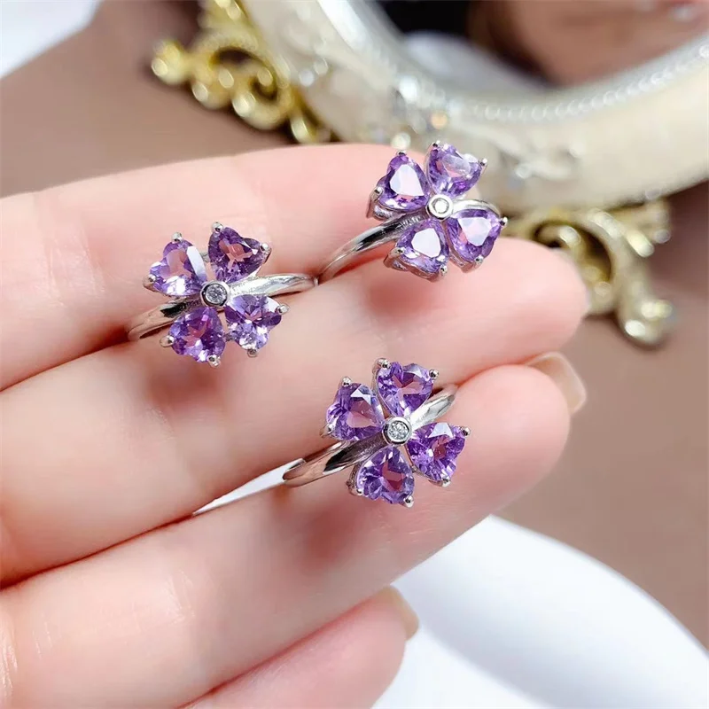 

Natural Heart Shape Amethyst Ring 925 Sterling Silver Wedding Ring for Women Gorgous Girl Fine Jewelry Flower with Certificate