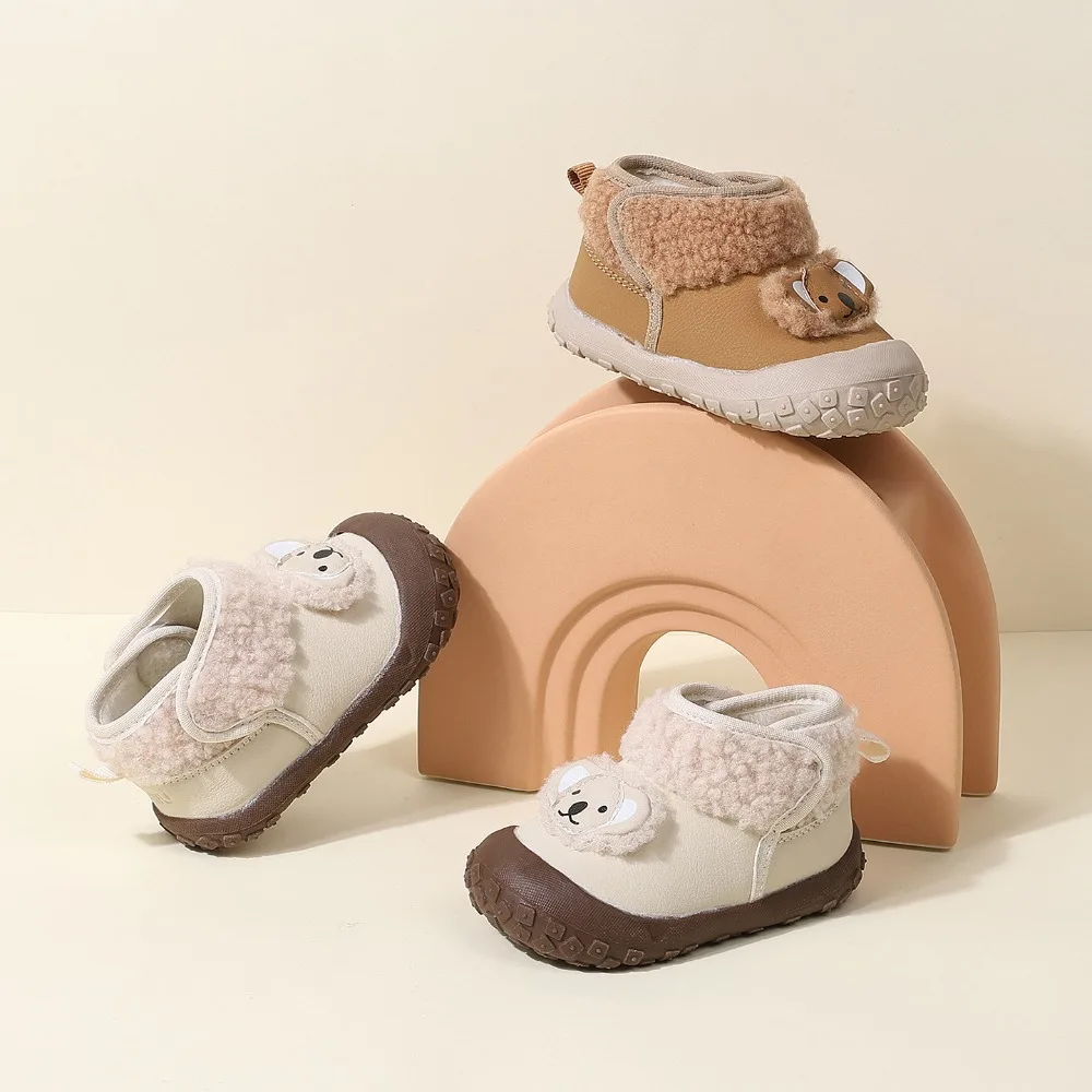 

2025 Горячие зимние детские зимние сапоги на мягкой подошве, противоскользящая теплая обувь для первых ходунков на флисовой подкладке, От 3 до 6 до 12 месяцев, 1 года, уютная хлопковая обувь для малышей