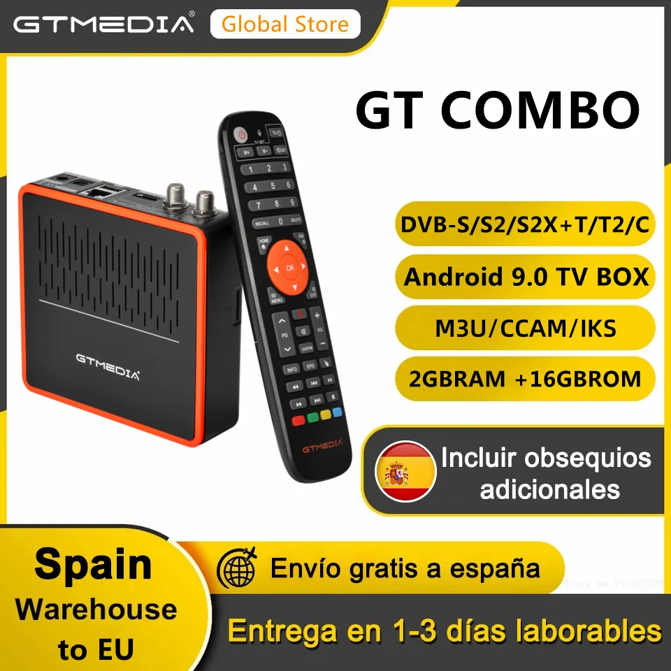 GTMEDIA GT Combo 4K 8K Android 9.0 Smart TV BOX DVB-S2 T2 Kabel 2G+16G Odbiornik satelitarny Obsługa M3U Ccam Wbudowane Wifi PK GTC