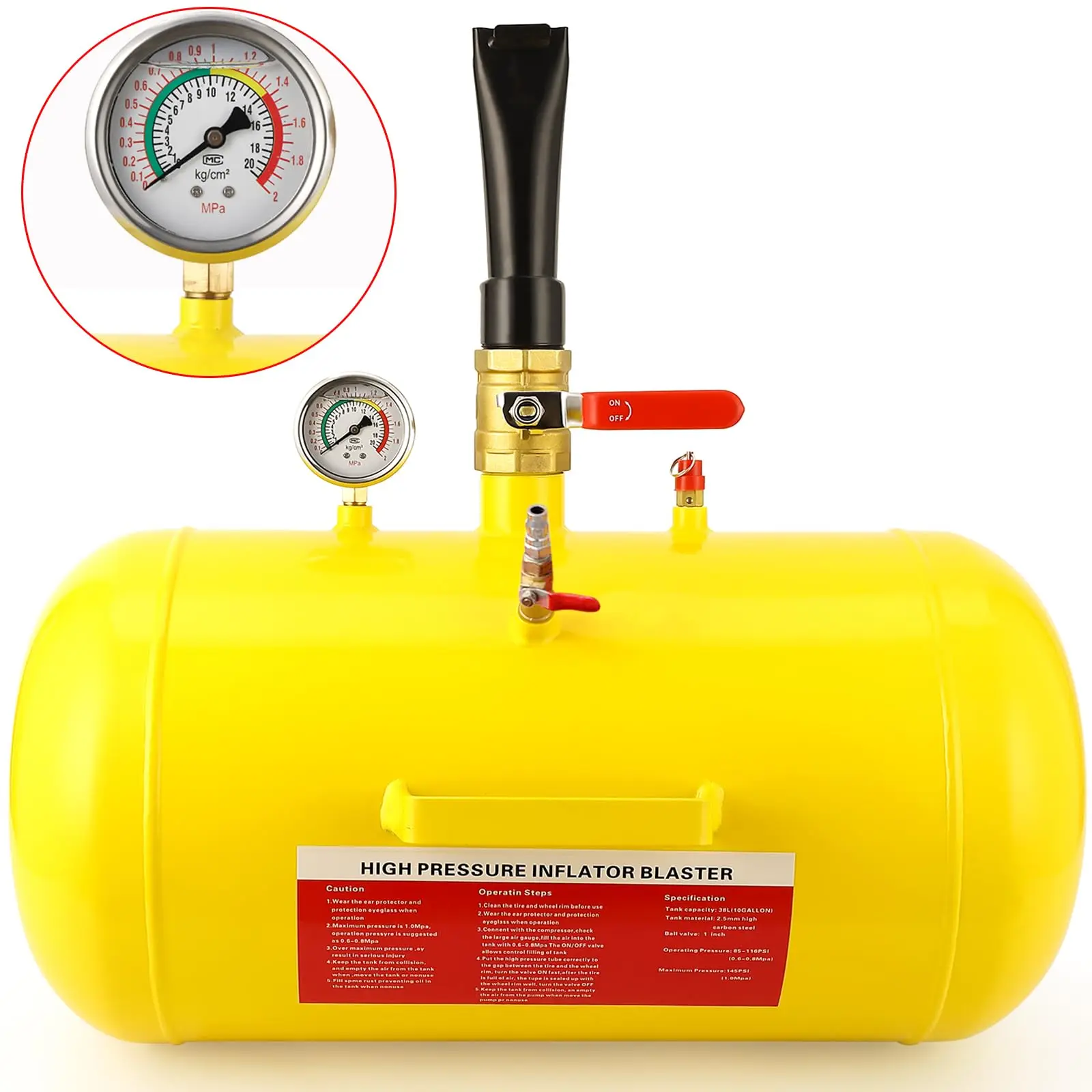 10 Gallon Air Tire Bead Seater, Air Tire Seating Blaster Inflator, 85-166PSI Air Tire Bead Blaster with Pressure Gauge & Handle for Car Truck ATV