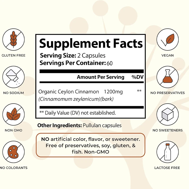 Ceylon Cinnamon Is Non GMO, Gluten Free, and Supports Antioxidant Effects - Natural Energy Supplement, 60 Vegetarian Capsules