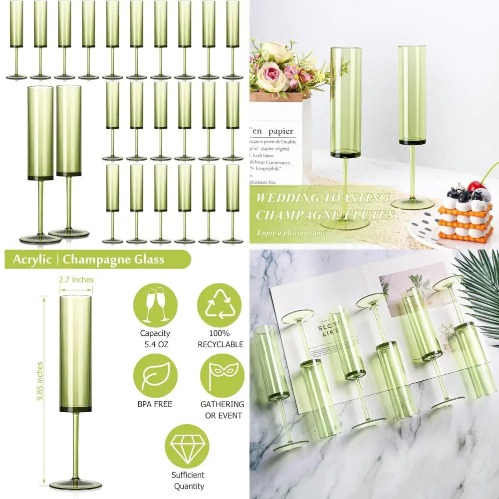 

Green Plastic Champagne Flutes - 5.4 oz Clear Acrylic Stemmed Glasses for Sparkling Wine & Special Occasions