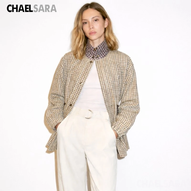 Women's Plaid Stand Collar Loose Jacket - Single Breasted Coat