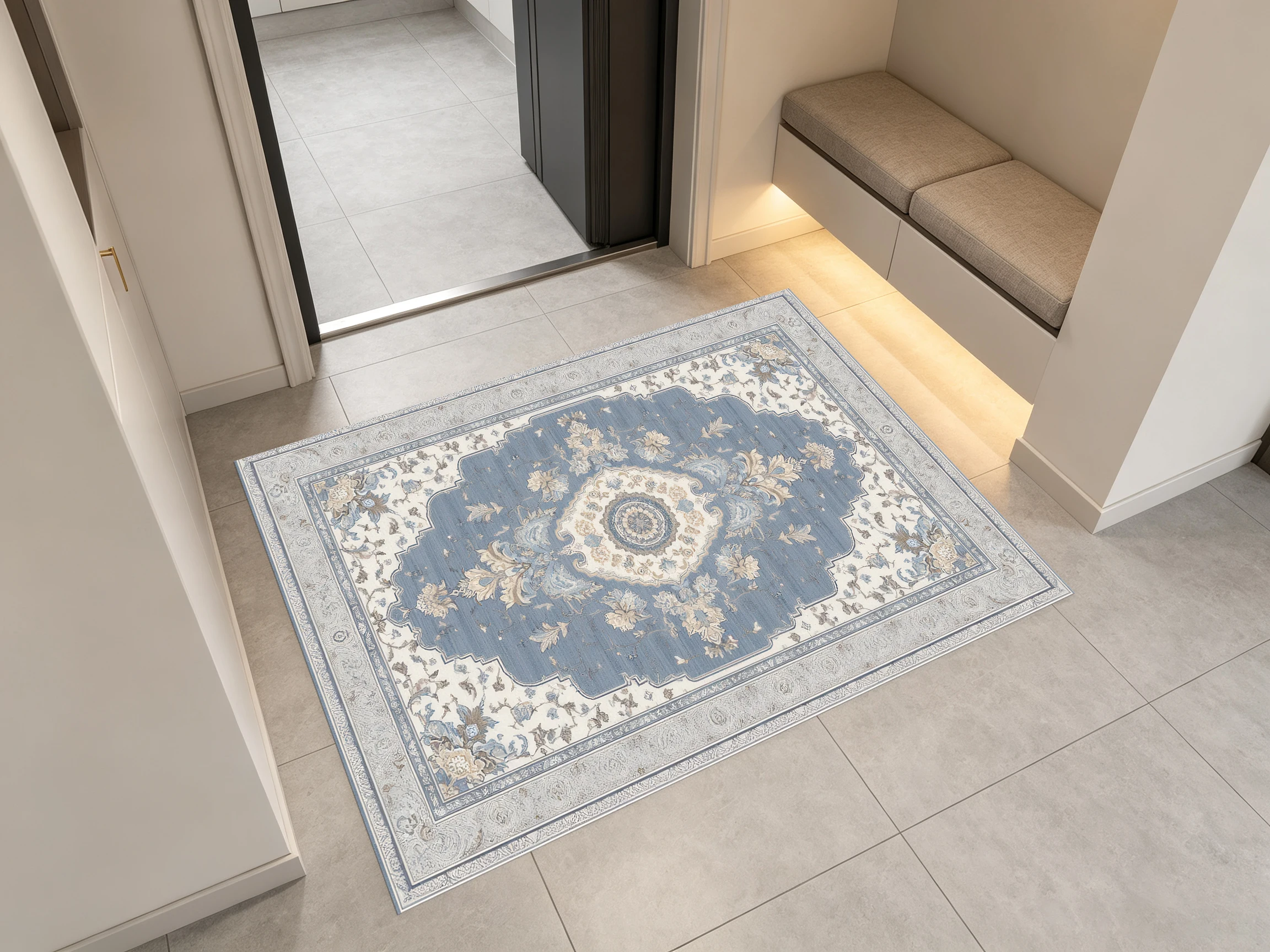 European Retro Pattern 2D Rug, Gray and Blue Tone, Light Luxury Style, Suitable for Living Room and Bedroom, Enhances