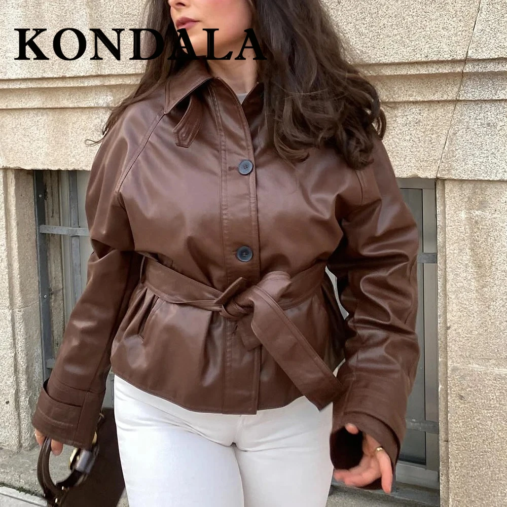 

KONDALA винтажная осенняя элегантная женская ветровка из искусственной кожи, однобортная свободная куртка с карманами и поясом, мода 2025 года, женское повседневное ветровое пальто