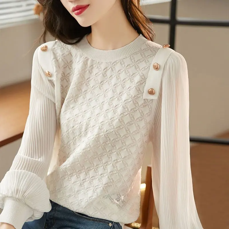 Women\'s Fashion Ruffled Vintage Button Patchwork Elegant T-shirts Spring Autumn Female Casual Solid O Neck Long Sleeve Chic Tops