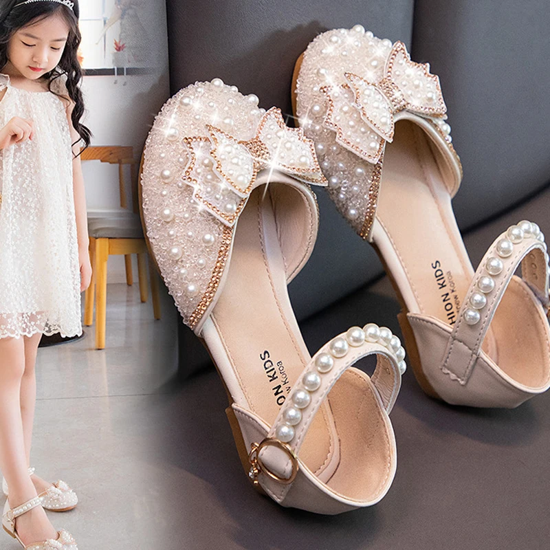 

Summer Girls Sandals Fashion Sequins Rhinestone Bow Girls Princess Shoes Baby Girl Shoes Flat Heel Sandals Size 21-34