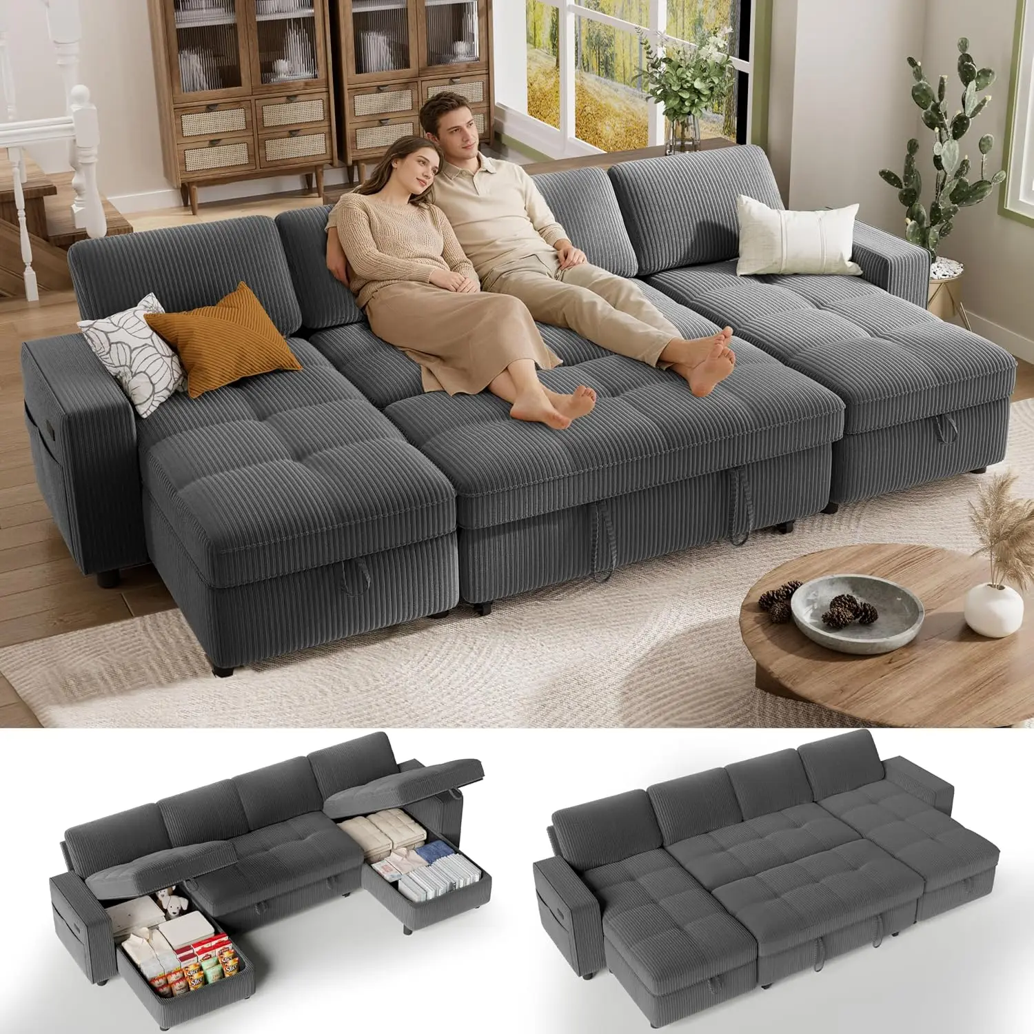 Sectional Sleeper Couch with Pull Out Sofa Bed, U Shaped Plush Corduroy Couch with Reclining Backrest & 2 Storages, Customized