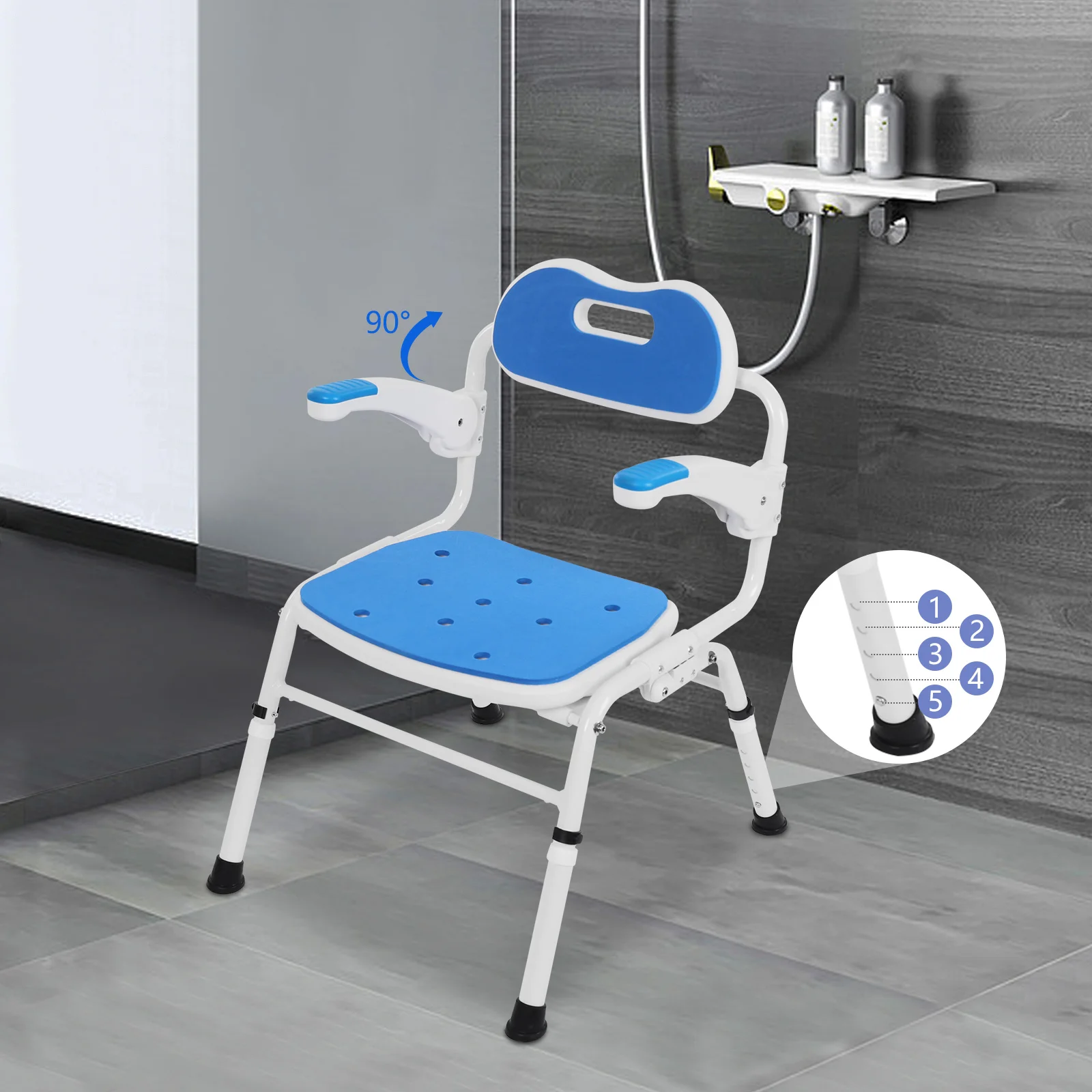 Klappbarer Duschstuhl mit Armlehnen und Rückenlehne, Verstellbarer Duschstuhl