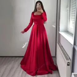 Customized Red Satin Evening Dress for Wedding Party Long Sleeve Square Neck Prom Party Gown vestidos de noche