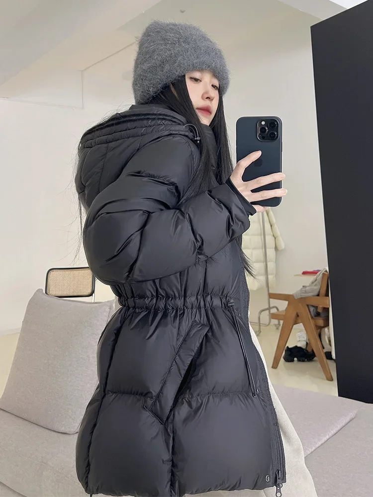 Autumn Winter New Thick Hooded Down Jacket Women Medium Length Stand Collar Zipper Waist Rope Warm Puffer Jacket Fashion Female