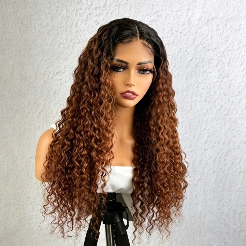 

Soft Long Ombre Brown 26 Inch Kinky Curly 180 Density Lace Front Wig For Women With Baby Hair Synthetic Preplucked Glueless Daily