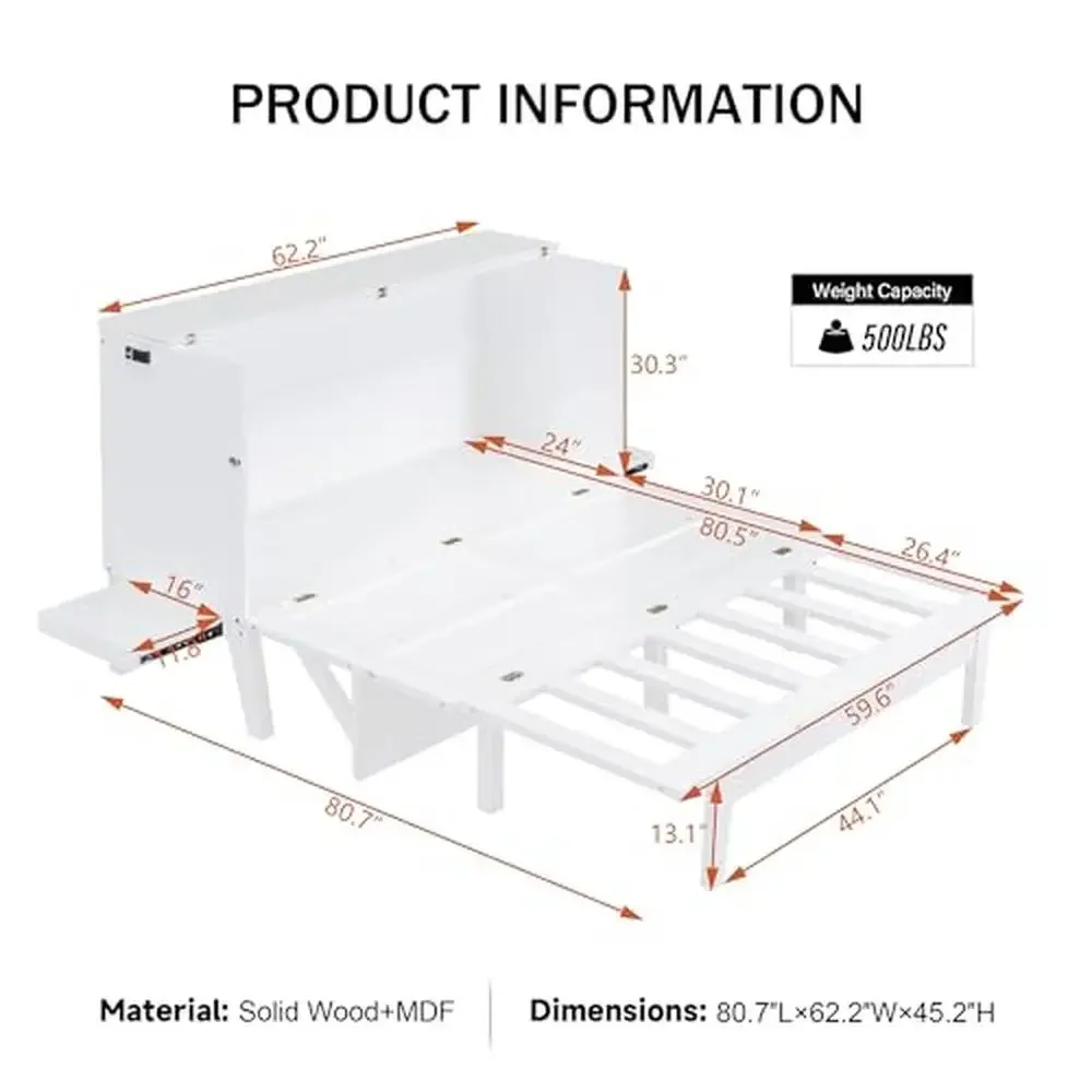 Modern Space Saving Queen Murphy Bed Cabinet USB Port White Solid Wood Storage Desk Bed Compatible 6 Inch Mattress White Pine