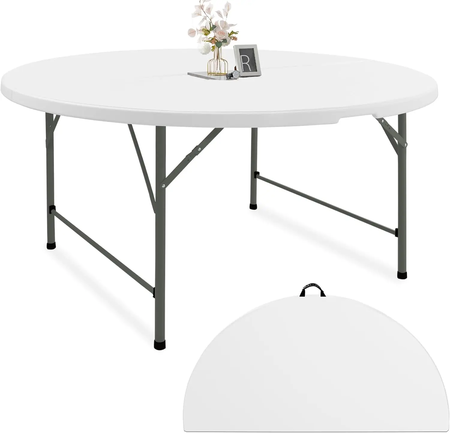 

5 FT Round Folding Table White, Fold-in-Half with Handle, Portable Plastic for Party, Dining, Camping, Indoor Outdoor