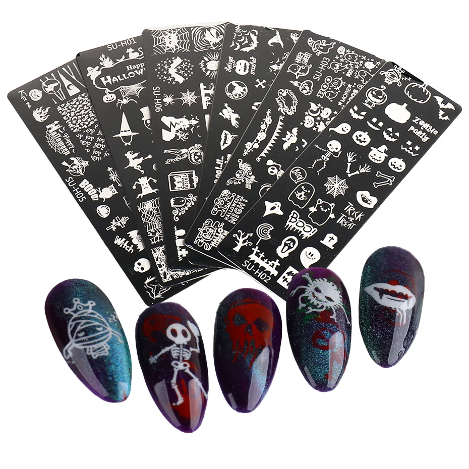 Nail Art Stamping Plate Halloween Pumpkin Demon Ghost Skull Spider Silk Image Desgins Nails Polish Printing Template Tool KESU-H