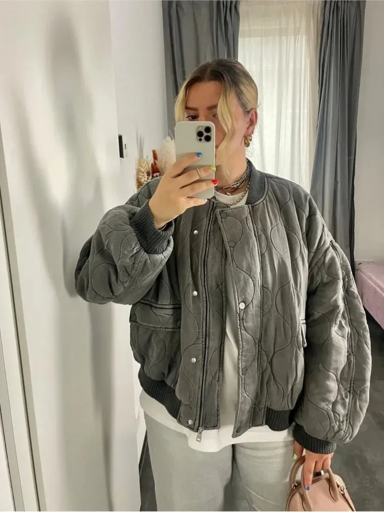 Chaqueta Bomber de algodón gris para mujer, abrigo holgado de manga larga con cuello redondo, ropa de calle gruesa informal, moda de otoño e invierno