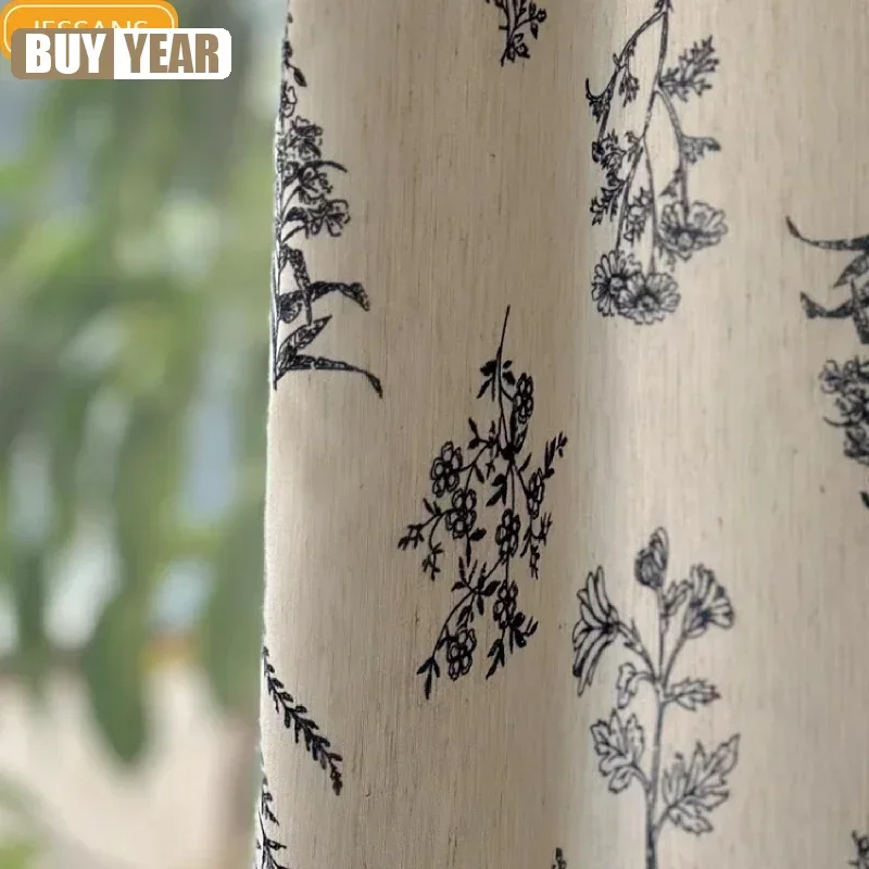 Customized Cream Color Black Plant Embroidery Cotton Linen Thickened Curtains For Living Room Bedroom French Window Balcony