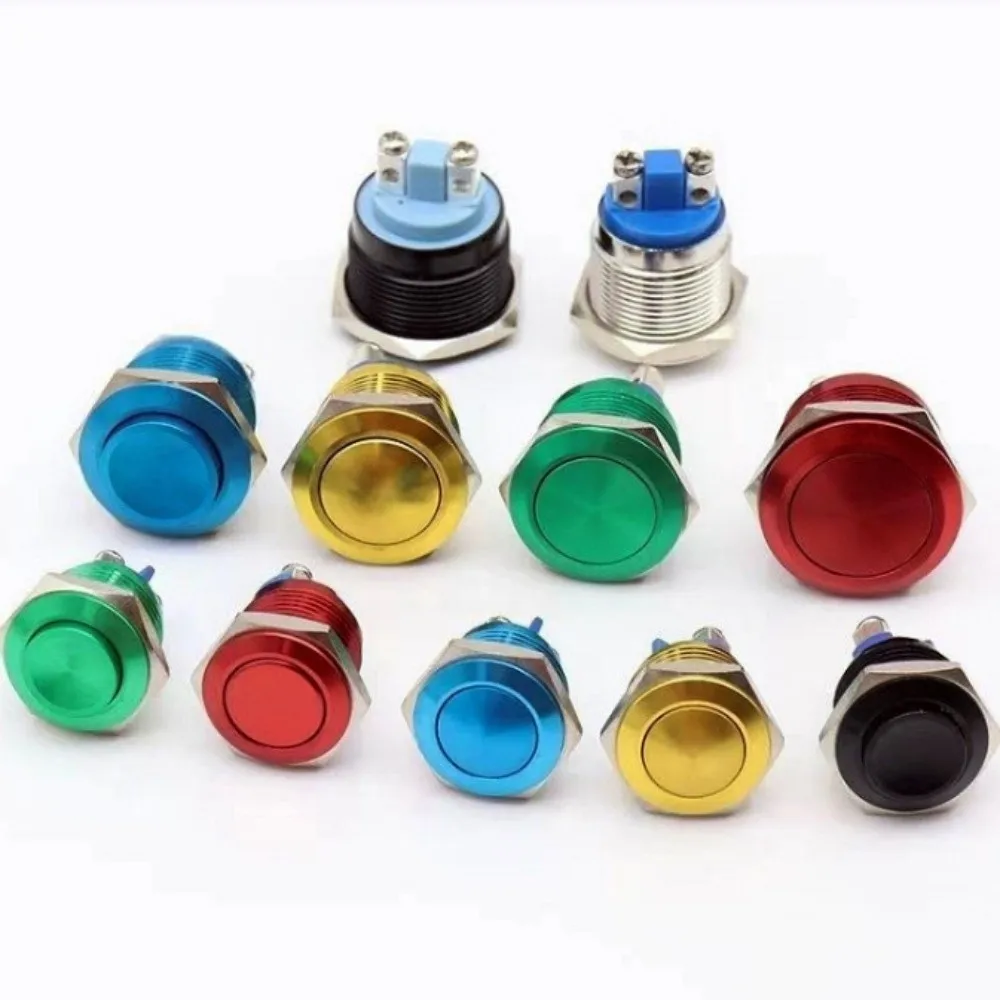 16MM Reset Push Button Switch Flat Top High Round Head Metal Switch Instant Reset Screw Pin Self-Resetting Switch