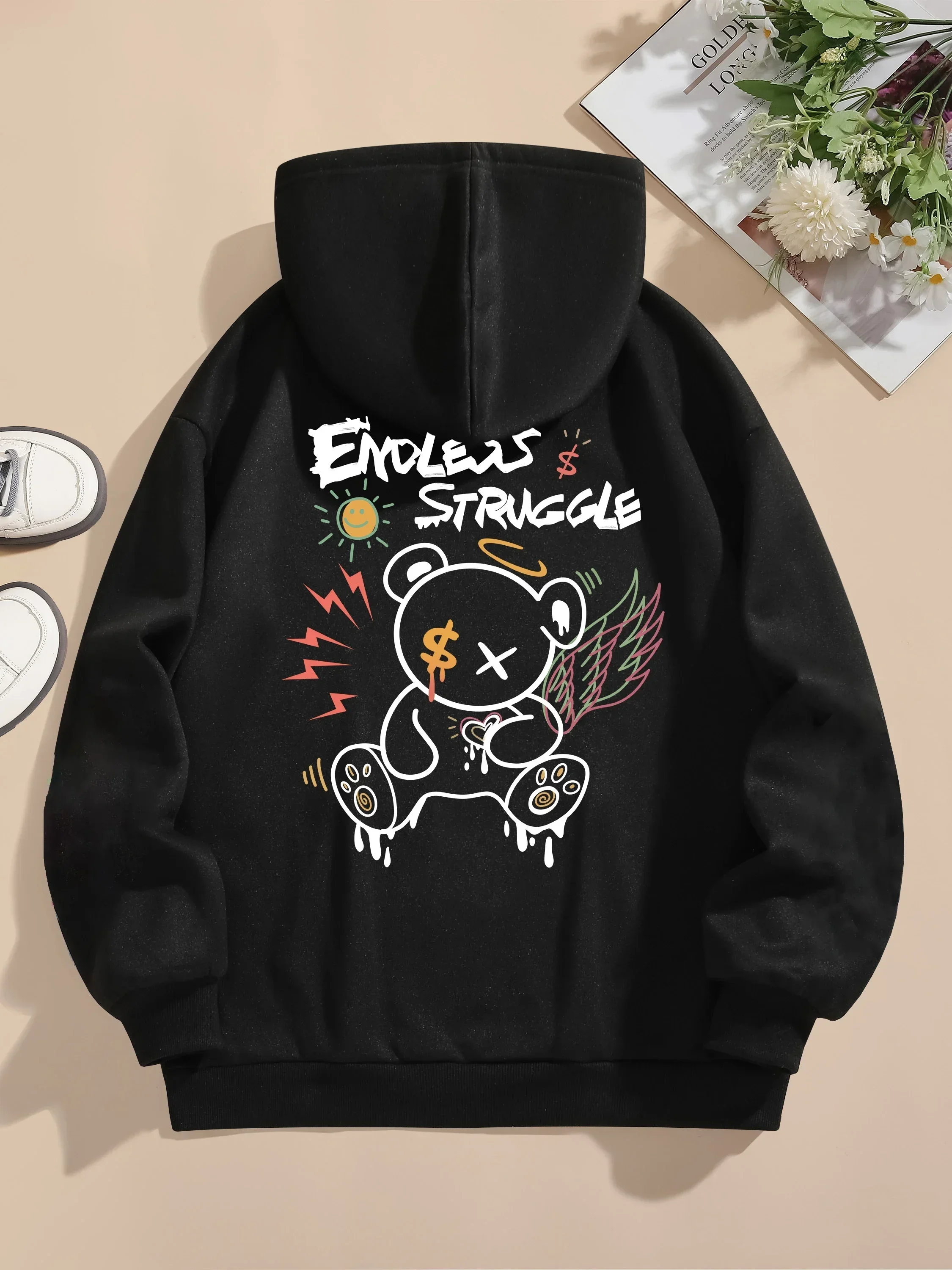 Straße Frauen Sweatshirts endlose Kampf Graffiti Bär gedruckt Hoodies Rundhals ausschnitt lose Pullover Fleece warme weibliche Tops Kleidung