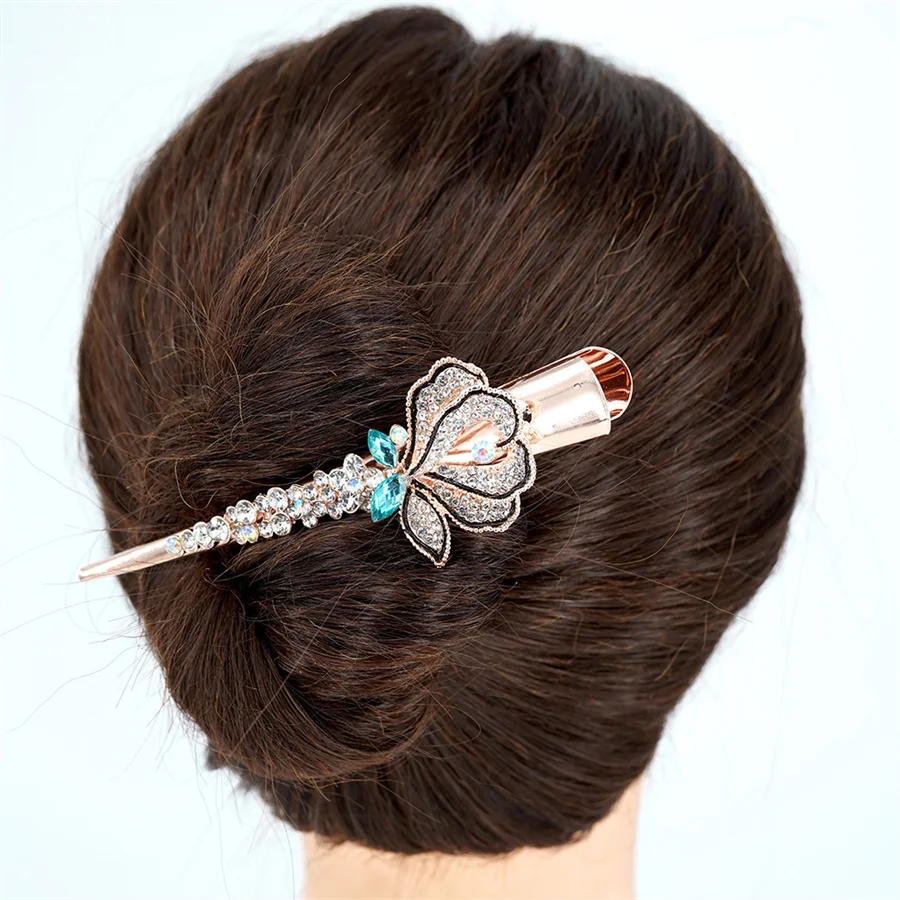 2023 new Korean style rose flower hairpin crystal zircon duckbill clip hairpin delicate ponytail alloy mother hairpin headdress