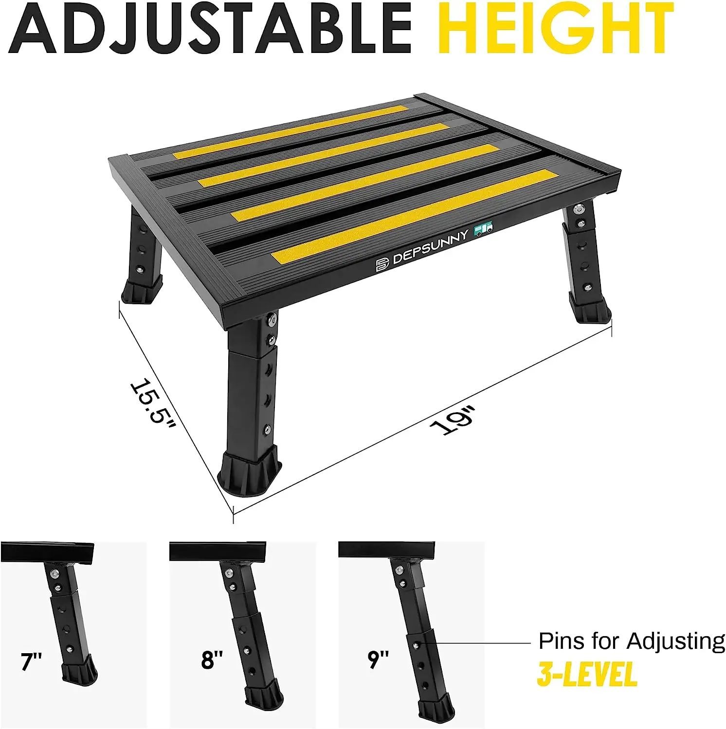 Adjustable Height Aluminum RV Step,Stable Foldable, Supports Up to 1,000 lb,Non-Slip Rubber Feet and Platform Mat, Easy to Carry