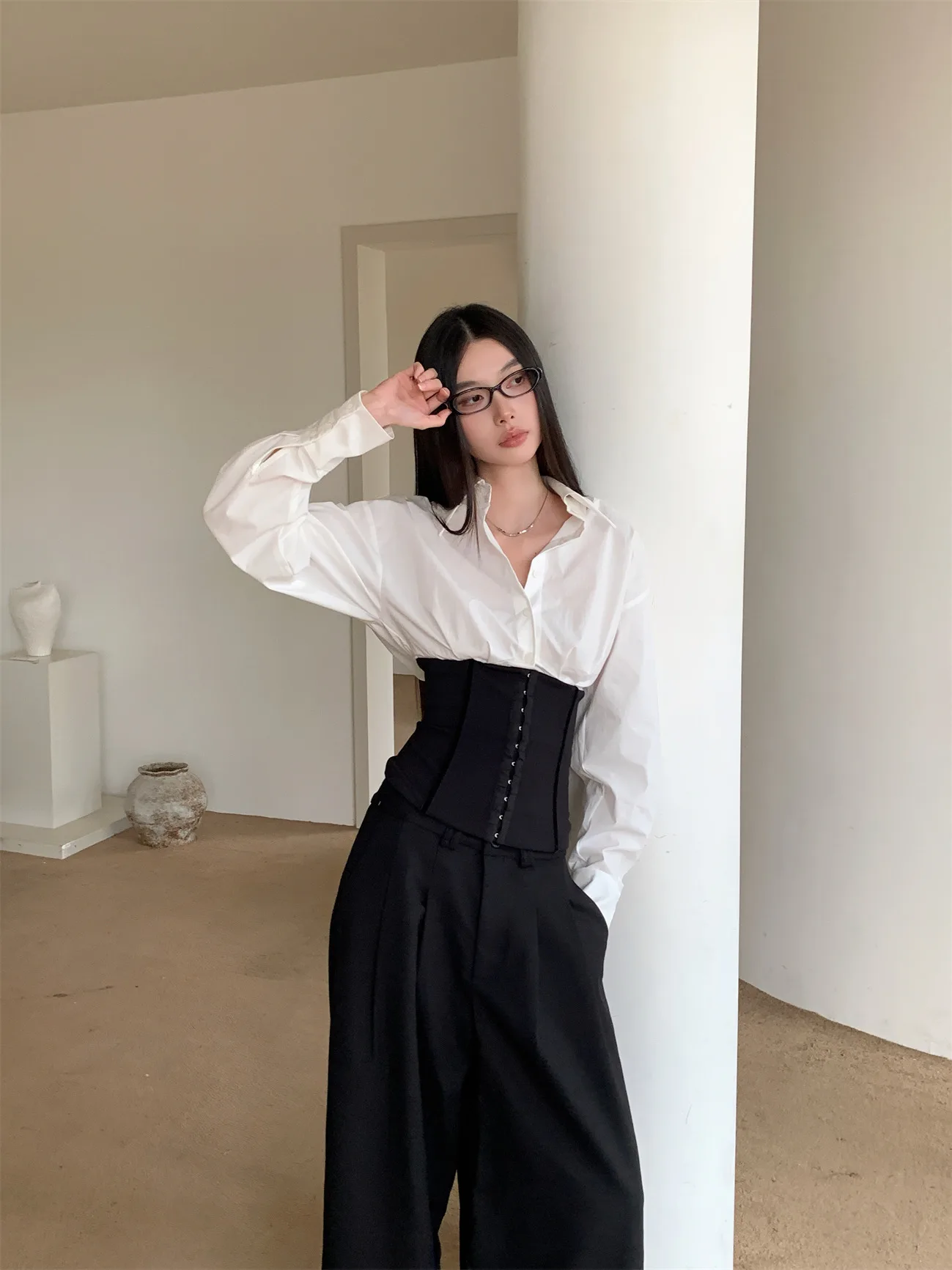 

Mipaiyi Professional Wide Leg Pants Set Casual Shirt Lightweight Mature Waist-Cut Slimming Elegant Lady OOTD