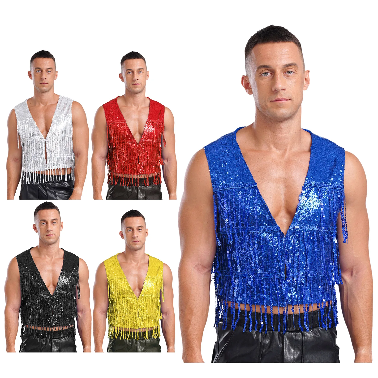 Womens Shiny Sequins Jazz Dance Vest Sleeveless V Neck Open Front Tassel Waistcoat Music Festival Carnivals Disco Party Clubwear