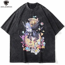 Aolamegs Men's T Shirt Letter Printed Anime Esthetics Graphic Distressed O-Neck Tees Fashion Youthful High Street Men's Clothing