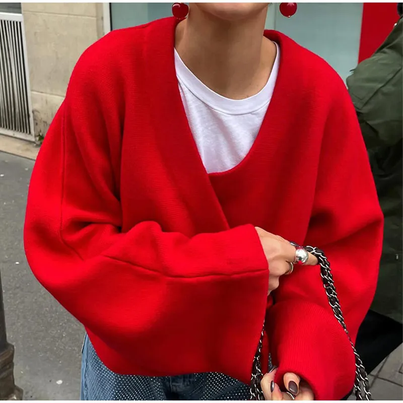 TARUXY Loose Casual Red knitted Sweater Female 2024 Fashion Autumn Winter Long Sleeve Pullovers V Neck Splice Women\'s Solid Top