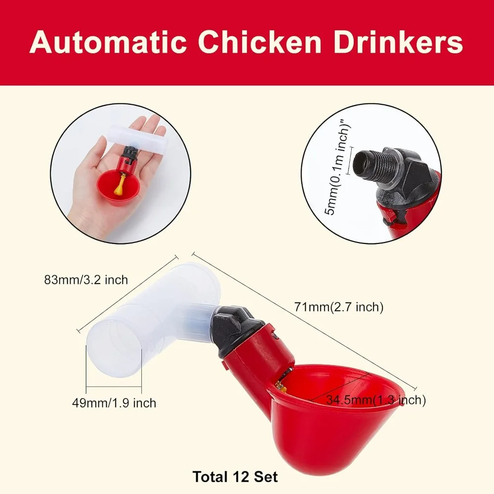 12sets Automatic Chicken Drinkers Waterers Automatic Filling Waterer Chicken Water Feeder Cups Chicken Watering Cup Poultry