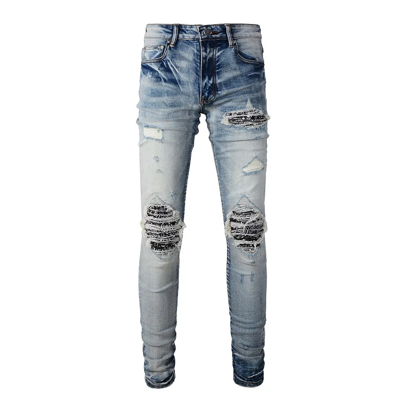 

Best Seller EU Drip Paisley Patchwork Jeans Distressed Slim Fit Stretch Destroyed Holes Ripped Jeans