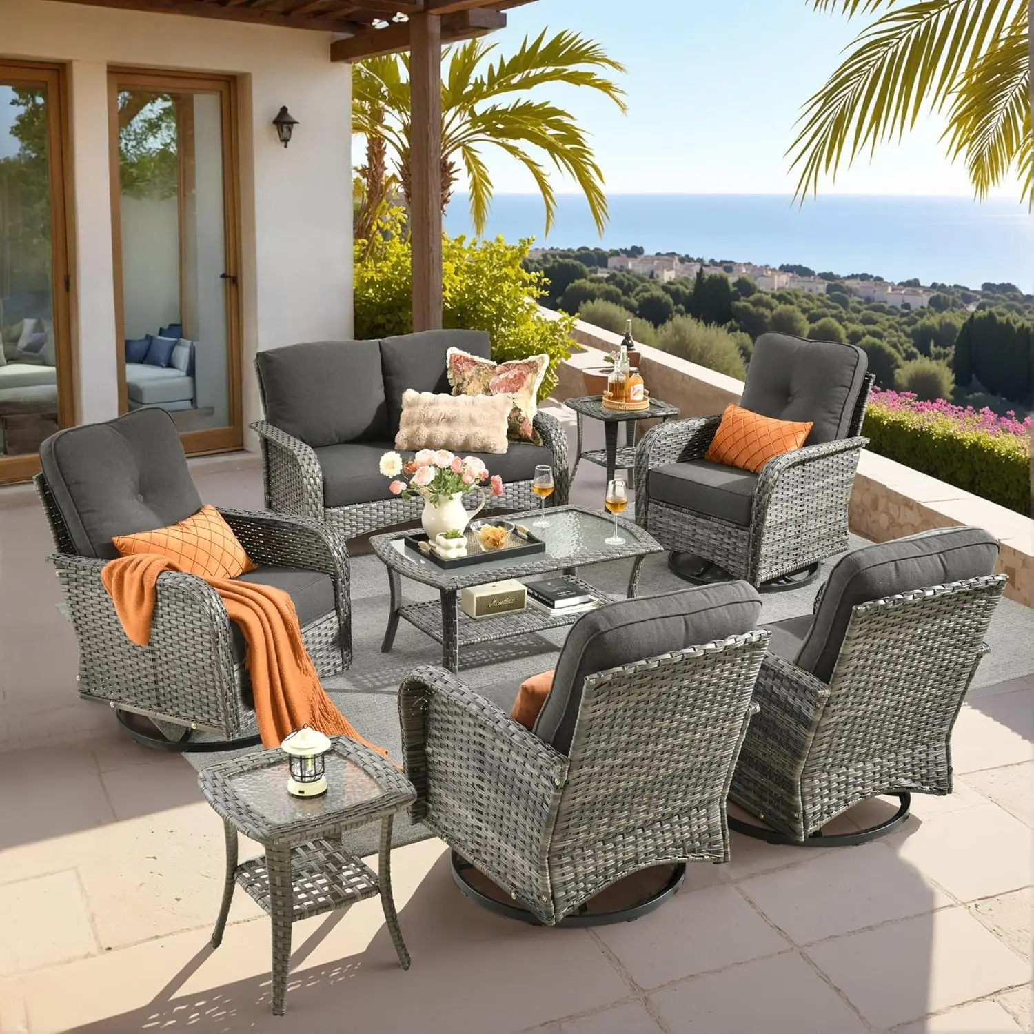 

Patio Furniture Set,8 Pieces Outdoor Conversation Set,All Weather Wicker Loveseat Sofa Set with High Back Swivel, Customized