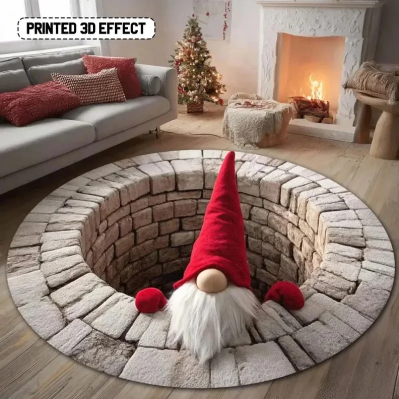 VIKAMA 3D Christmas Gnome Non-Slip round Mat Santa Claus Door Rug Festive Winter Carpet Home Decor Gift