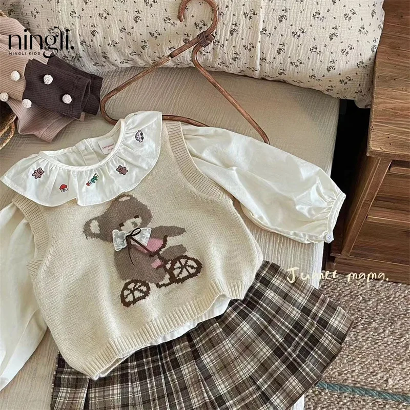 Autumn Baby Girls 3PCS Clothes Set Cotton Embroidery Collar Shirts Bear Knitted Vest Plaid Pleated Skirts Suit Kids Girl Outfit