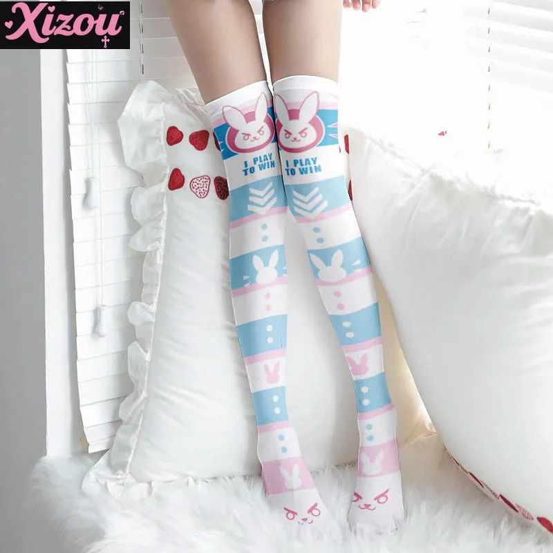 Soft cute girl kawaii print stockings thin female spring and autumn Japanese Lolita cute anime knee long tube white velvet sock