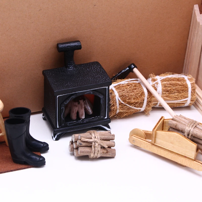 Dollhouse Miniature Furniture LED Lighted Fireplace/Hoe/Straw Bales/Firewood/Wooden Trolley Mini Exquisite Winter Model Accessoy