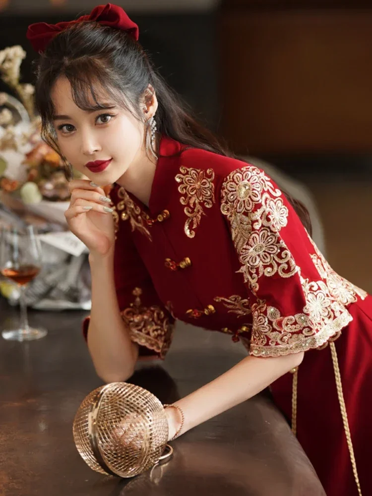 Traditional Red Bridal Dress Chinese Wedding Cheongsam Vintage Elegant Toast Clothing Modern Evening Party Gown Qipao Vestido