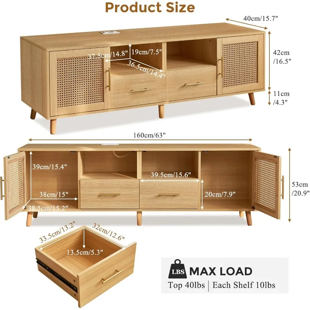 TV Stand for 70 Inch TV-Modern Rattan Media Console with Power Outlet, Entertainment Center with LED Light