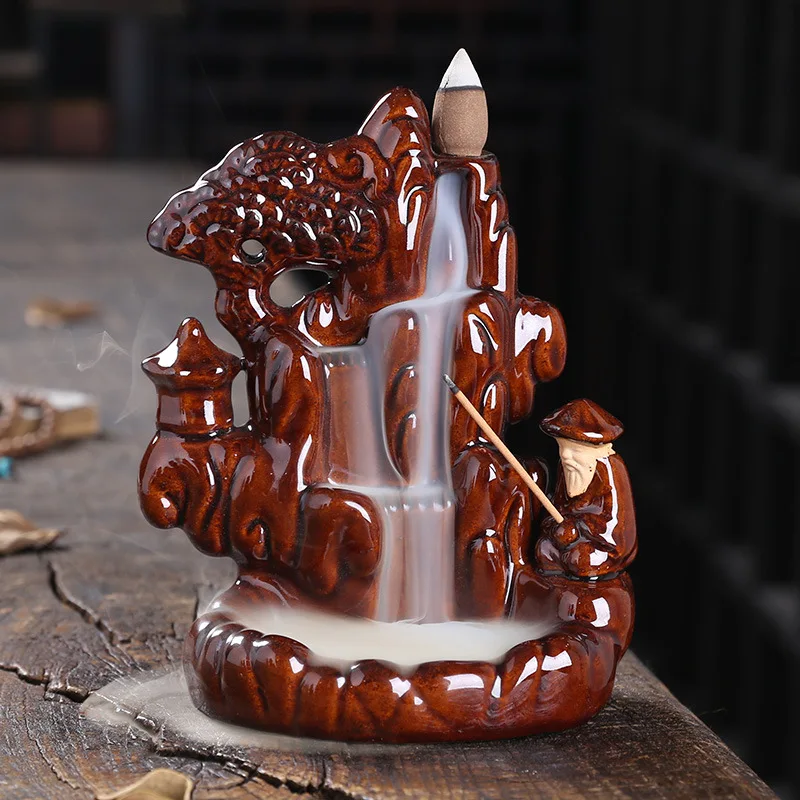 Fish Man Home Decor Ornaments Waterfall Scenery Backflow Incense Ceramic Censer Stick Holder