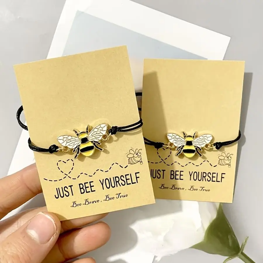 1/5/10/20/50/100pcs Mini Golden Bee Design Bracelet with Bee Greeting Card, Vintage Casual Style, Adjustable Black Cord, Women's