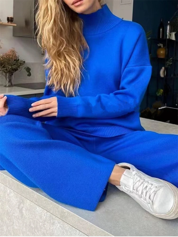 2 pezzi blu set da donna tuta lavorata a maglia maglione a collo alto e pantaloni da Jogging dritti